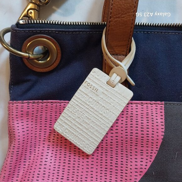 Fossil Womens Multicolor Canvas & Leather Tote Bag With Adjustable Strap & Inter - Picture 3 of 10